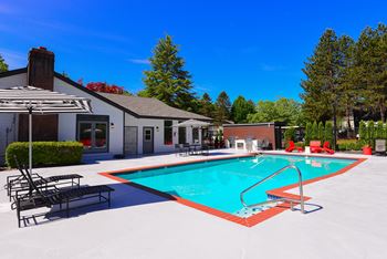 A pool with a red border and a metal ladder